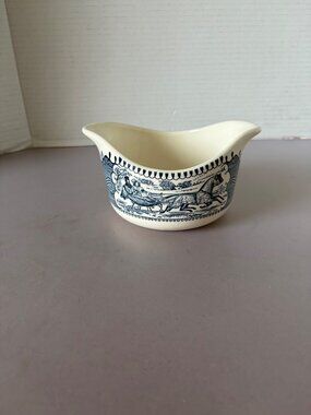 Vintage Blue & Cream Ceramic Creamer With Horse & Carriage Design 4 Inches Wide